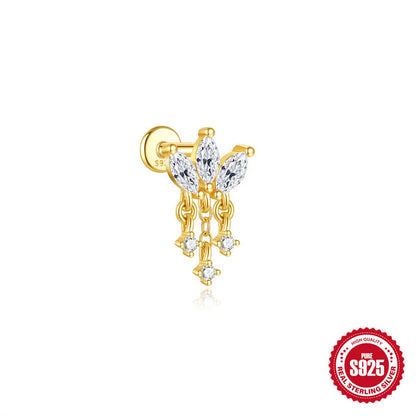 CANNER 1Pc 925 Silver Smooth Stars Moon Stud Earrings For Women 18K Gold Flat Head Threaded Puncture Ear Bone Ins Fine Jewelry