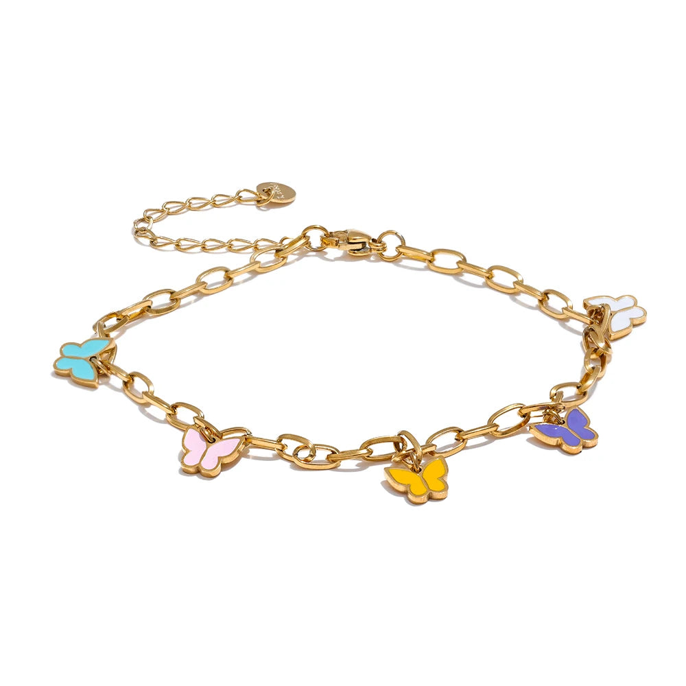 Summer Stainless Steel Enamel Butterfly Drop Chain Anklet for Women Waterproof 18K PVD Plated Fashion Jewelry