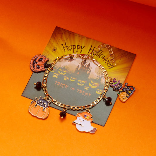 Gothic Halloween Pumpkin Cat Metal Chain Bracelets for Women Men Handmade Bat Spider Kitten Skull Bangles Party Punk Jewelry