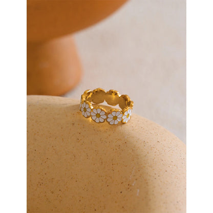 6789# New White Enamel Daisy Flower Golden PVD Stylish Ring for Women Girl Stainless Steel Exclusive Fashion Daily Jewelry