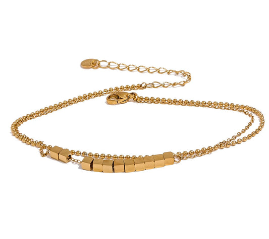 Waterproof Stainless Steel Square Bead Chain Layered Anklet for Women Gold Color Statement Summer Sandy Beach Jewelry