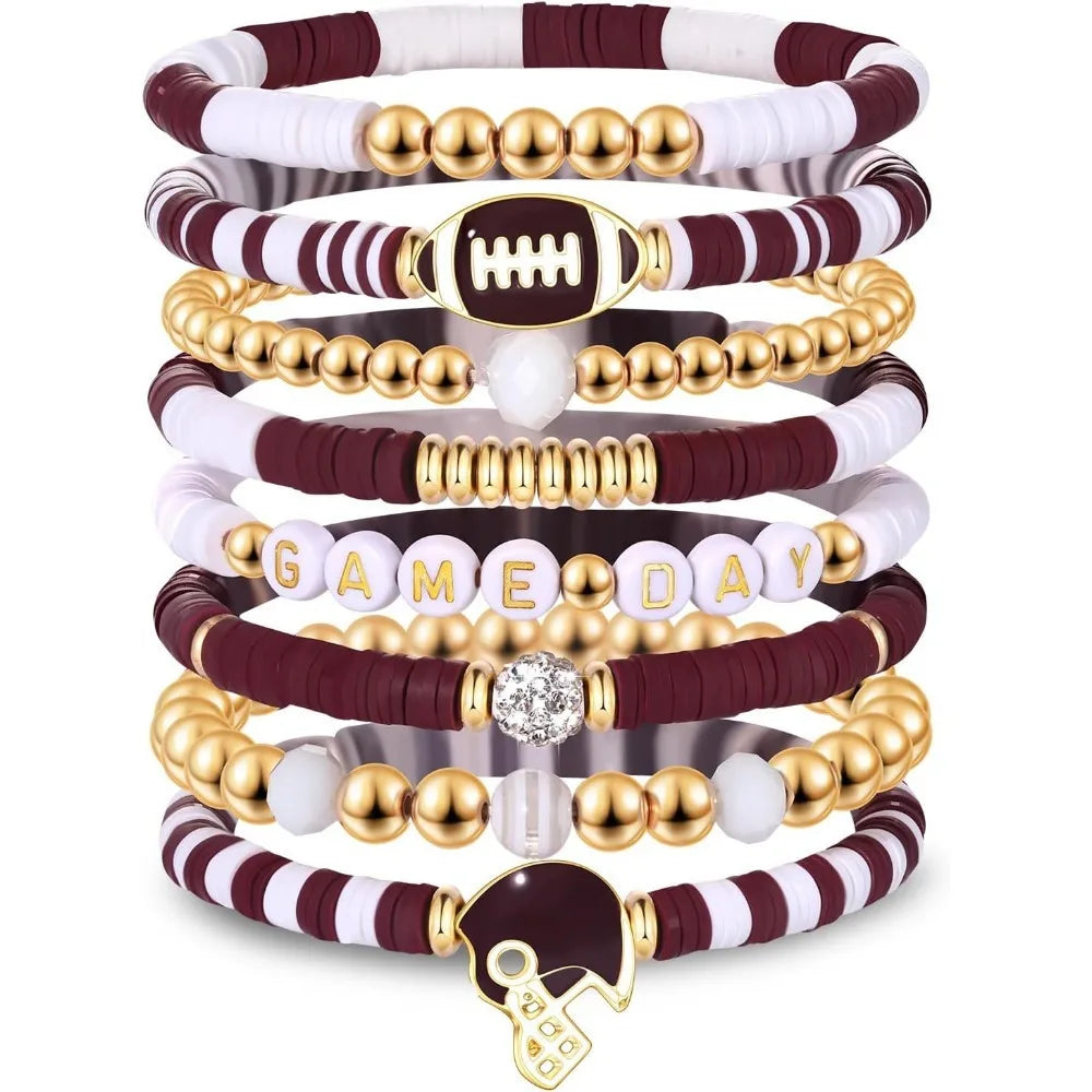 7pc/8pc/9pc Game Day Football Charm Bracelet: Stackable Sports Jewelry for Moms & Dads - Perfect for Football Fans
