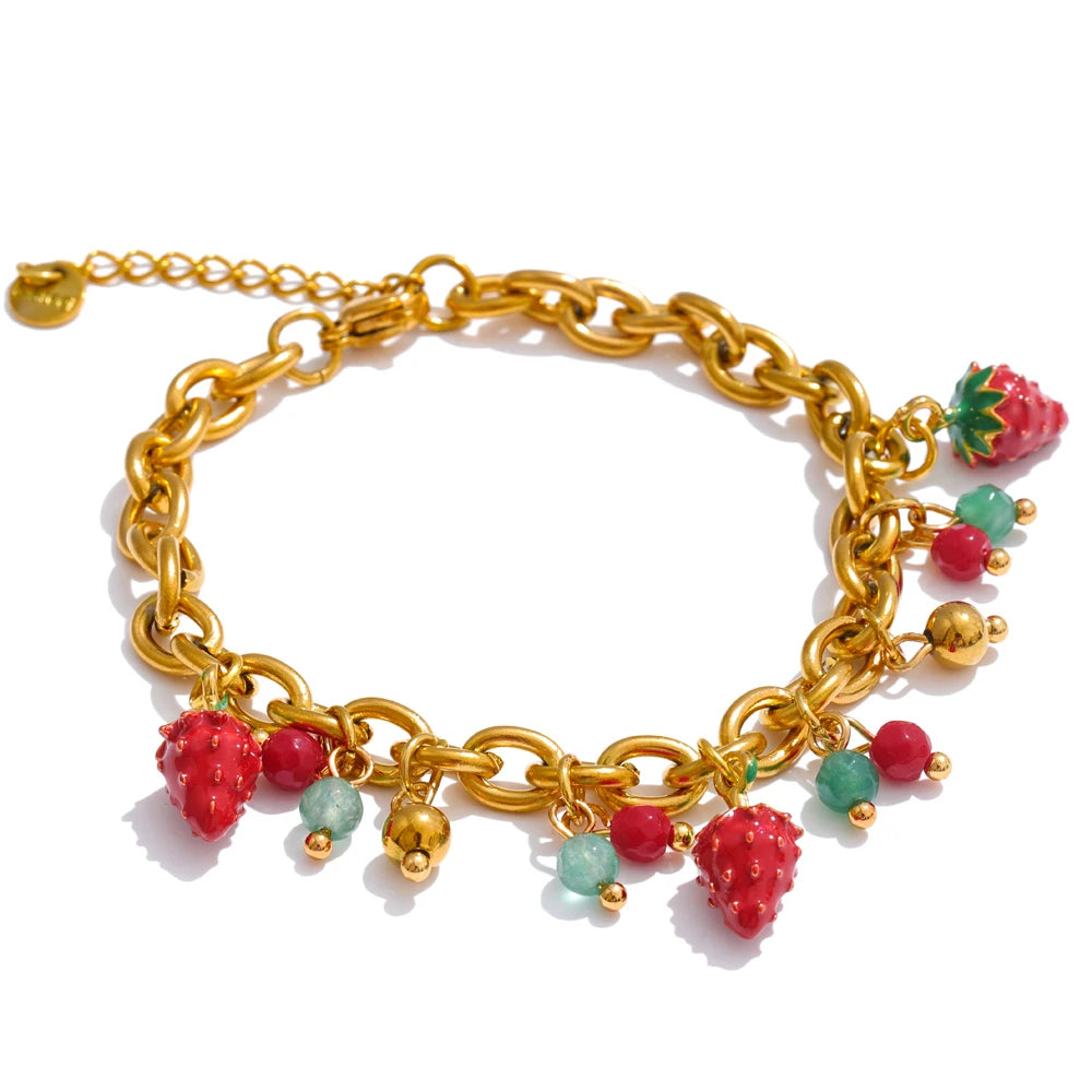 Trendy Stainless Steel Red Enamel Stone Strawberry Drop Charms Necklace Bracelet Hot Style Golden Plated Handmade Jewelry