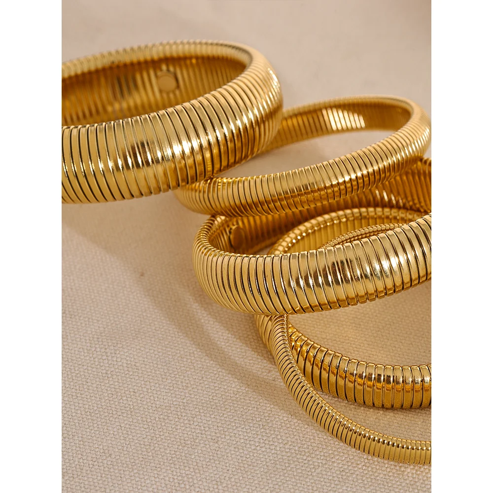Waterproof Stainless Steel Elastic Thick Metal Bracelet Bangle 18K Gold Plated Trend Fashion Unisex Jewelry Men Women