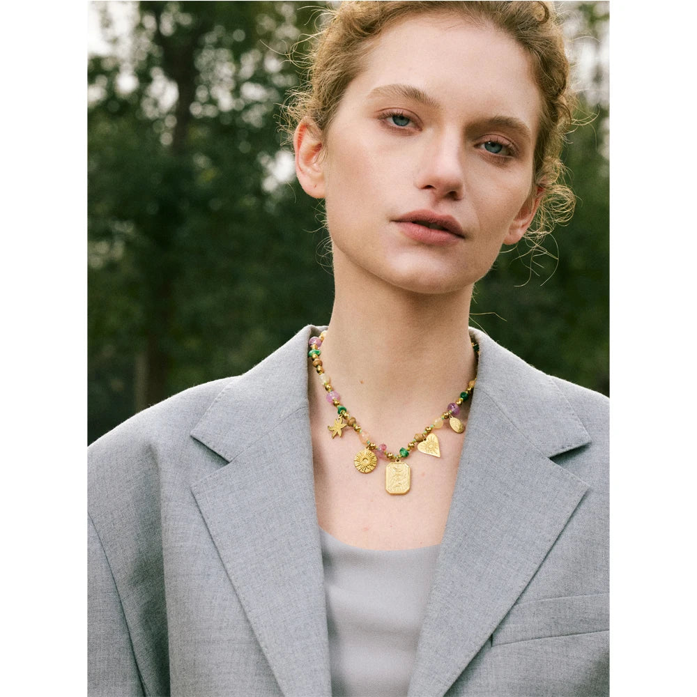 Arrivals Handmade Jewelry Colorful Natural Stone Chain Flower Eye Square Drop Necklace Stainless Steel Waterproof Necklace