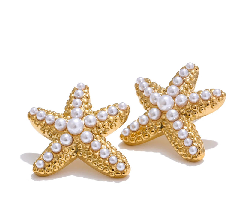 Ocean Style Imitation Pearls Starfish Stud Earrings Stainless Steel Casting Exquisite Summer Holiday Beach Jewelry Gift