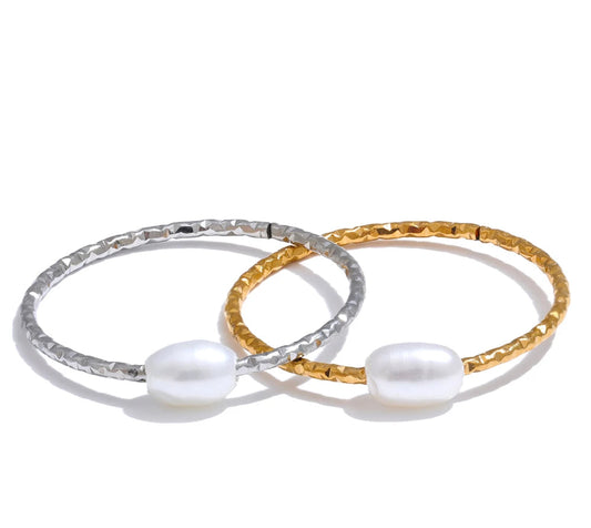 Trendy Stainless Steel Natural Pearl Thin Finger Ring for Women Summer Versatile Daily Jewelry Accessories Gift