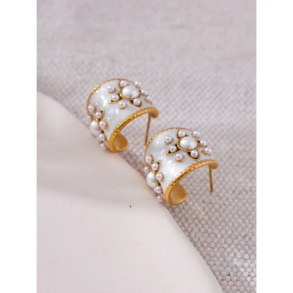 Exquisite Imitation Pearls White Enamel Metal Stainless Steel Flower Geometric Earrings Chic Daily Fashion Jewelry New