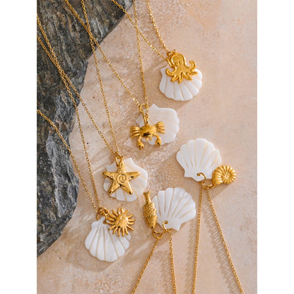 Summer Ocean Style Shell Starfish Conch Pendant Necklace 18K Gold Color Plated Waterproof Charm Jewelry Gift