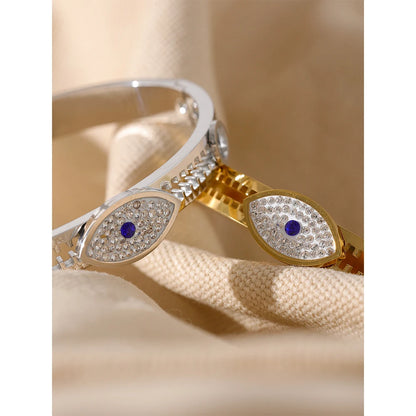 60mm Statement Evil Eye Stainless Steel Metal Cubic Zirconia Real Gold Plated Bangle Bracelet for Women Fashion Jewelry