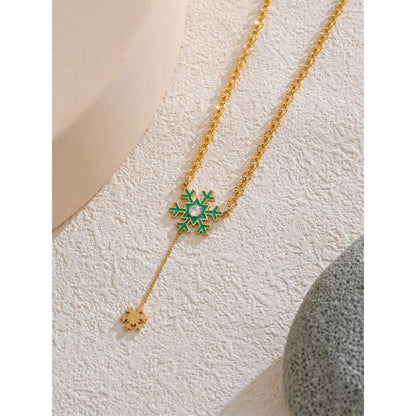 Christmas Green Enamel Snowflake Chic Fashion Season Necklace Waterproof Jewelry for Women Gift