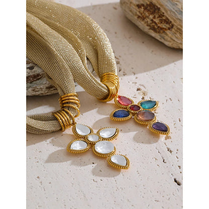 White Colorful Shiny Glass Cross Pendant Necklace for Women Stainless Steel Polyester Chain Exquisite Jewelry Gift