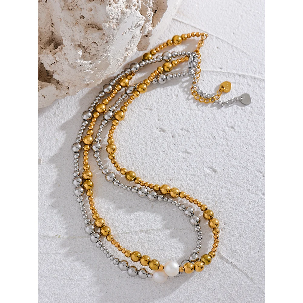Waterproof Stainless Steel Natural Pearl Metal 18K Gold Plated Beads Necklace Women Fashion Collar Jewelry Bijoux