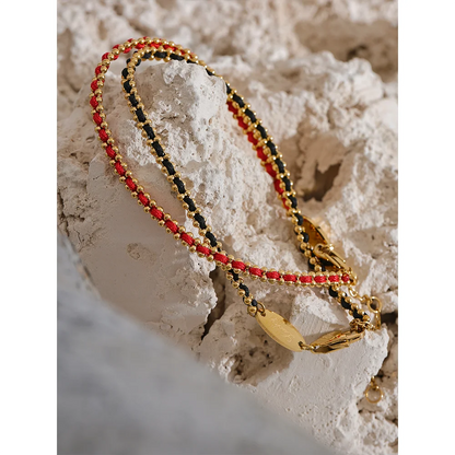 Exquisite Black Red Polyester Thread Handmade Chain Chic Thin Bracelet Bangle Stainless Steel Korean Dainty Jewelry Gift