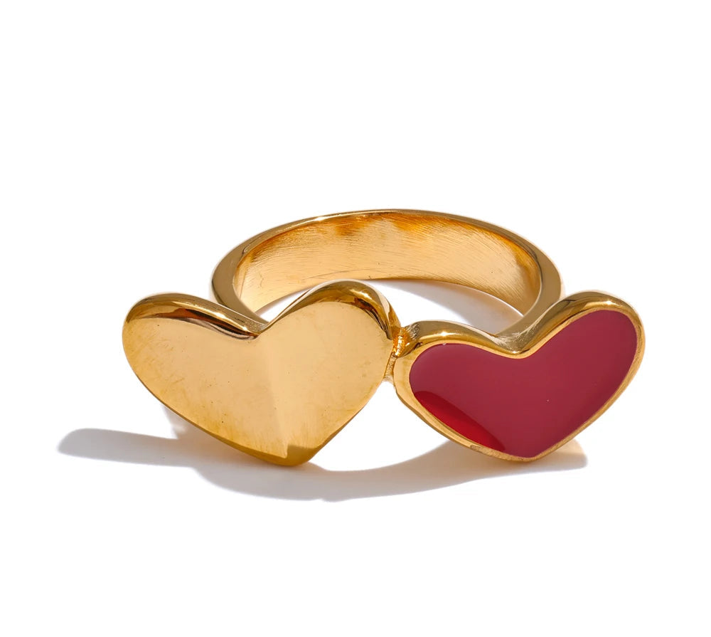 678# Stainless Steel Red Enamel Heart Stylish Ring 18K Gold Color Plated Romantic Valentine's Day Gift Smooth Jewelry
