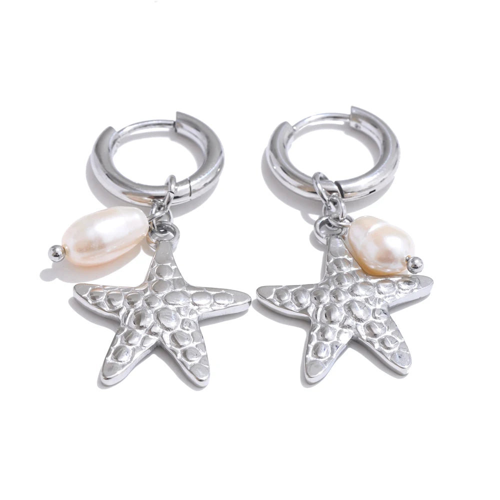Ocean Style Natural Pearl Conch Shell Starfish Drop Summer Hoop Earrings for Women Stainless Steel Holiday Daily Jewelry