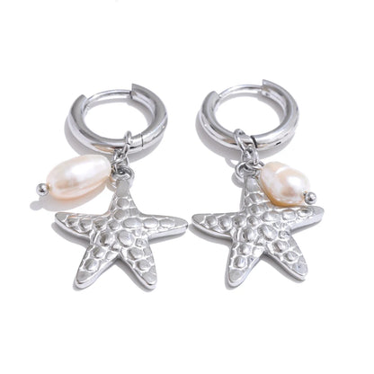 Ocean Style Natural Pearl Conch Shell Starfish Drop Summer Hoop Earrings for Women Stainless Steel Holiday Daily Jewelry
