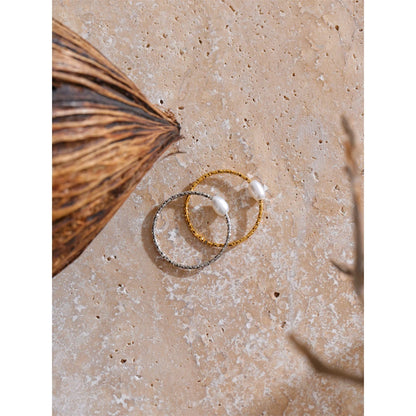 Trendy Stainless Steel Natural Pearl Thin Finger Ring for Women Summer Versatile Daily Jewelry Accessories Gift