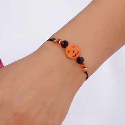 Fashion Halloween Handmade Braided Bracelet for Women Pumpkin Skeleton Skull Big Flower Beaded Bangles Festival Party Jewelry