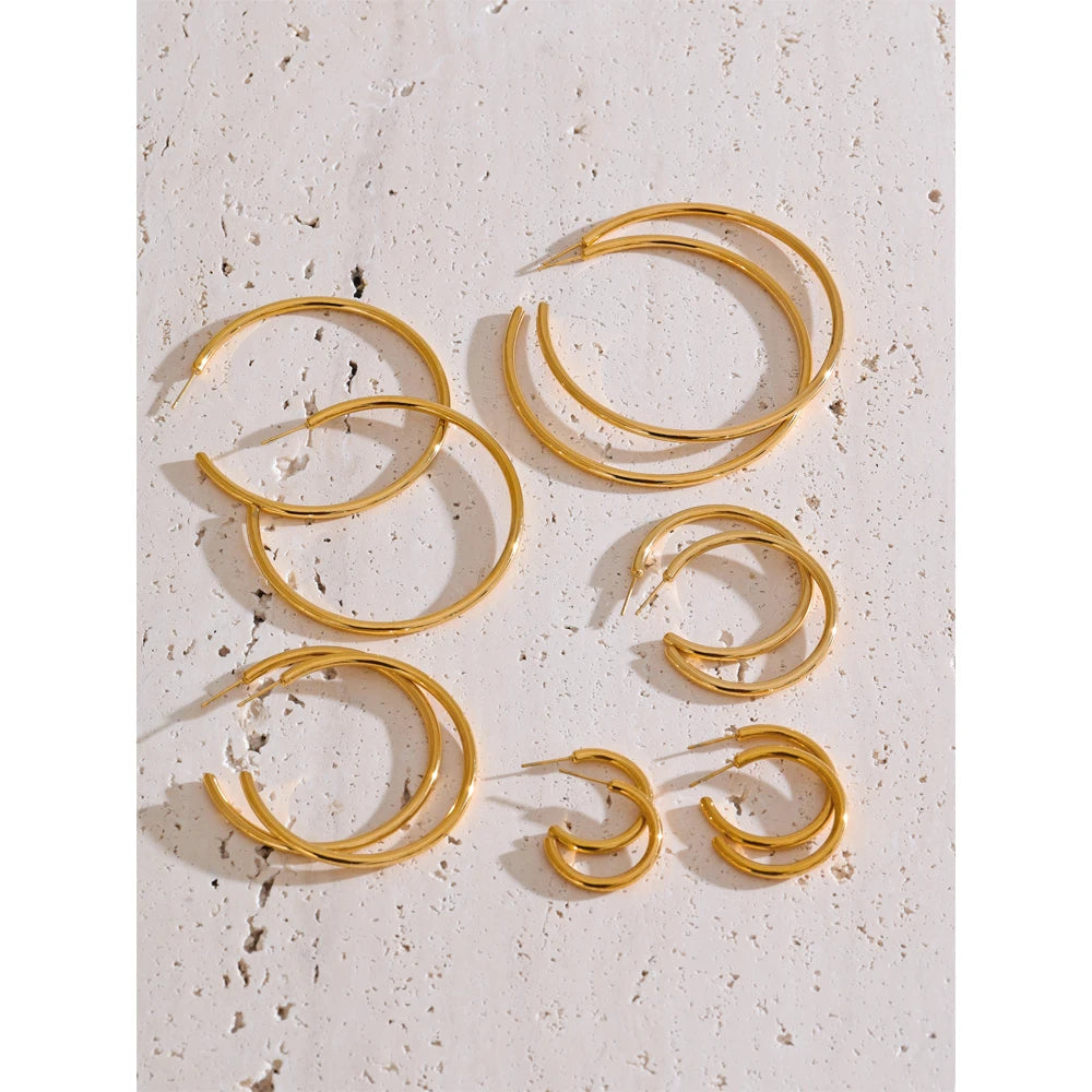 Minimalist C-Shape Round Daily Hoop Earrings Stainless Steel Versatile Popular PVD Waterproof Jewelry