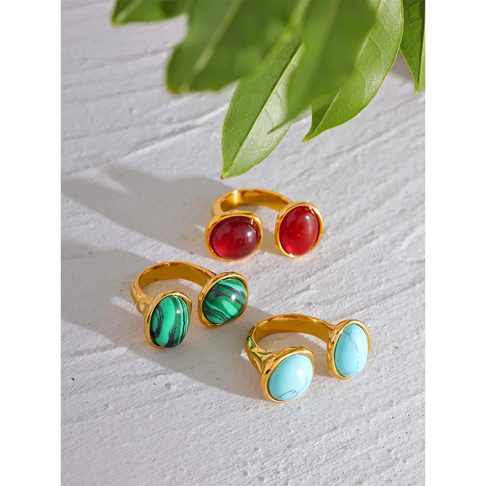 Size 7 Vintage France Natural Stone Stainless Steel Cast Geometric Big Ring Women Fashion Charm Golden Personality Jewelry