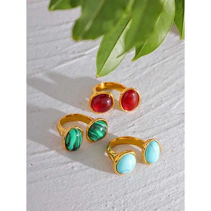 Size 7 Vintage France Natural Stone Stainless Steel Cast Geometric Big Ring Women Fashion Charm Golden Personality Jewelry