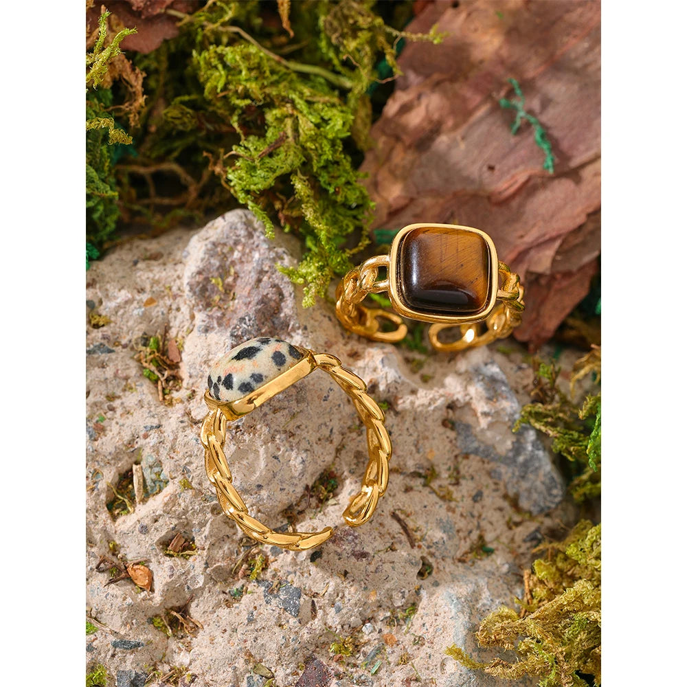 Stainless Steel Natural Stone Open Tiger Ring  for Women Vintage 18K Gold PVD Plated Finger Trendy Jewelry кольца