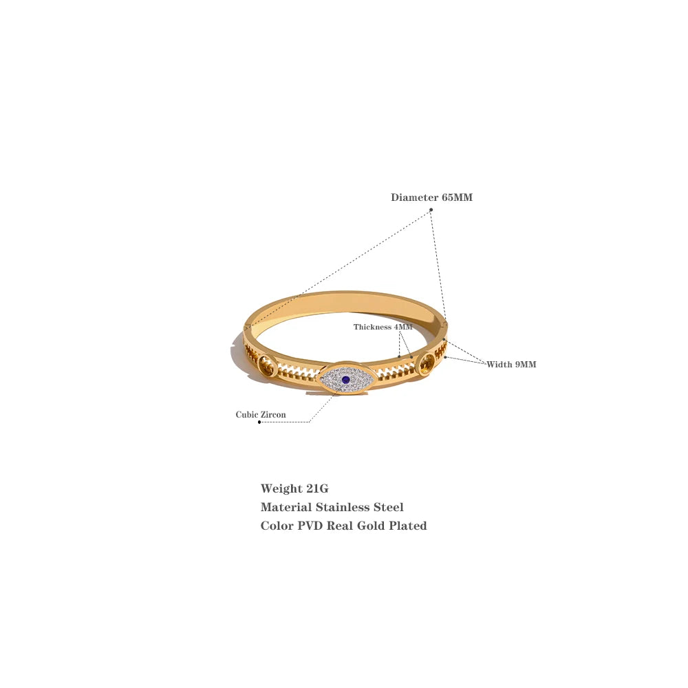 60mm Statement Evil Eye Stainless Steel Metal Cubic Zirconia Real Gold Plated Bangle Bracelet for Women Fashion Jewelry