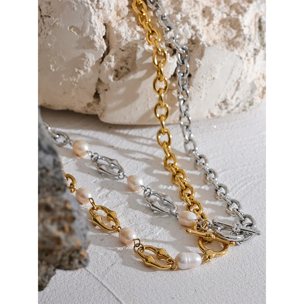 High-Grade Natural Freshwater Pearls Metal Chain Fashion Necklace Trendy 18K PVD Plated Attractive Women Jewelry Gift