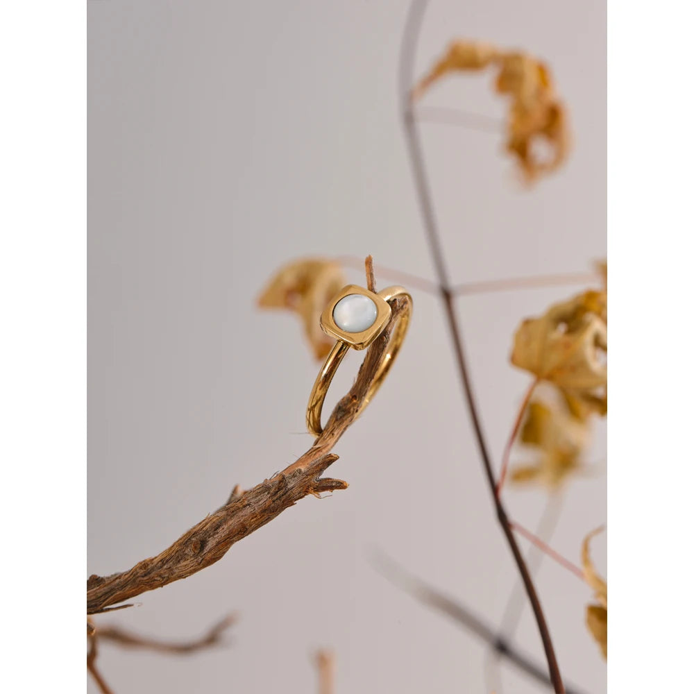 Natural Shell Square Thin Fashion Ring 316L Stainless Steel Gold Color Charm Chic Jewelry 18K PVD Plated Waterproof