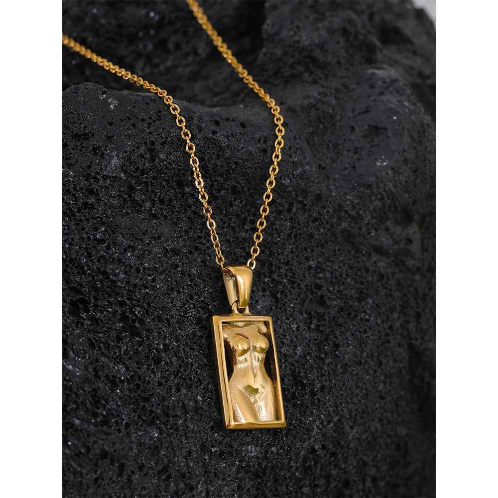 Statement Body Square Pendant Stainless Steel Statement Necklace Gold Color Texture Metal Personalized Jewelry