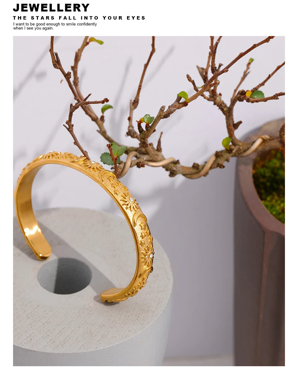 Golden Stainless Steel Moon Star Sun Bangle Bracelet  Stylish Metal Open Wrist браслеты на руку женкие Party Gift