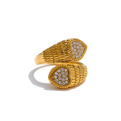 Stylish Adjustable Stainless Steel Zirconia Heart Snake Ring for Women 18K PVD Plated Jewelry New