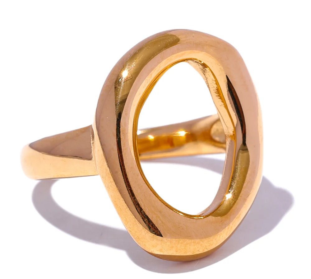 Creative Stainless Steel Geometric Hollow Golden Minimalist Ring Fashion Waterproof Unusual Trendy Textured Jewelry