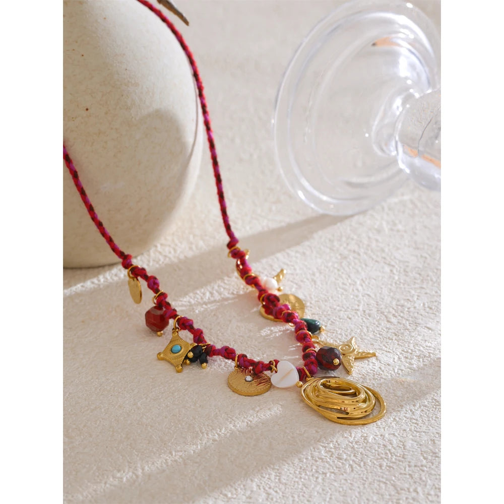 Fashion Rope Braided Handmade Necklace Drop Natural Stone Moon Star Stainless Steel Accessories Popular Jewelry