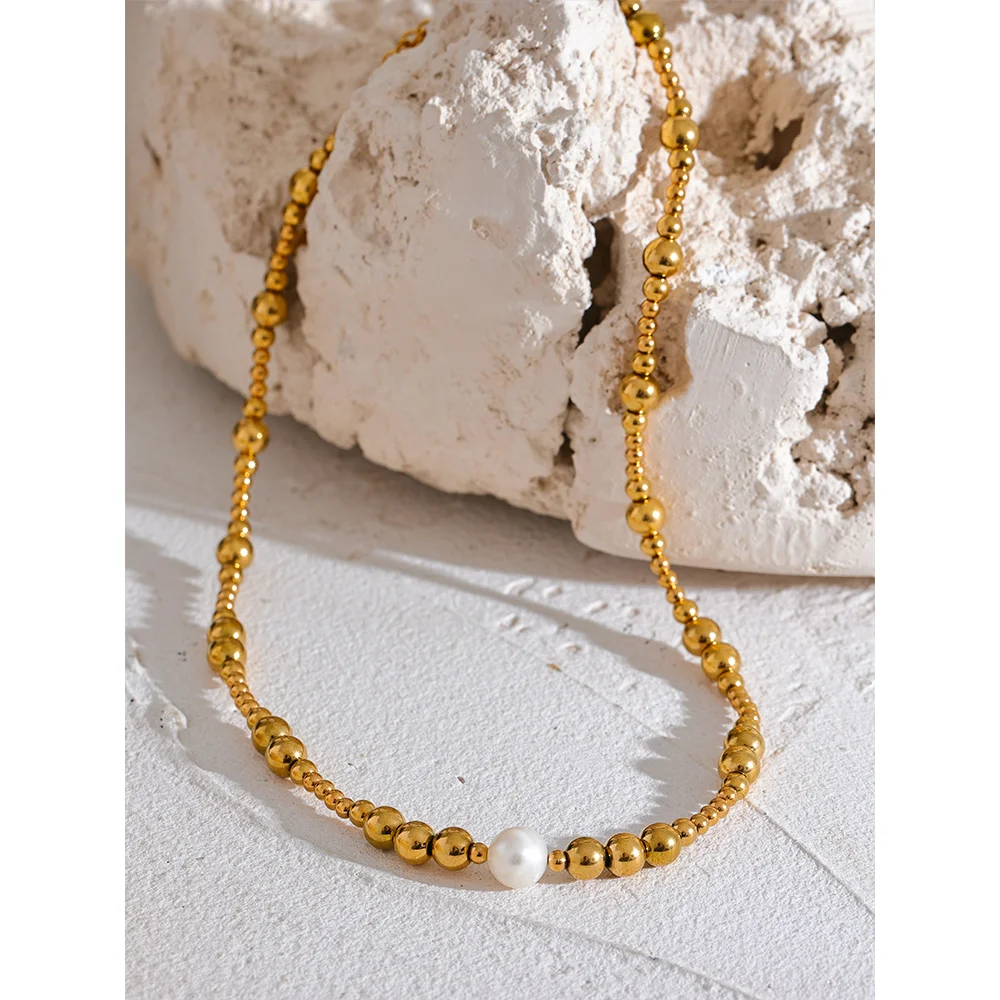 Waterproof Stainless Steel Natural Pearl Metal 18K Gold Plated Beads Necklace Women Fashion Collar Jewelry Bijoux