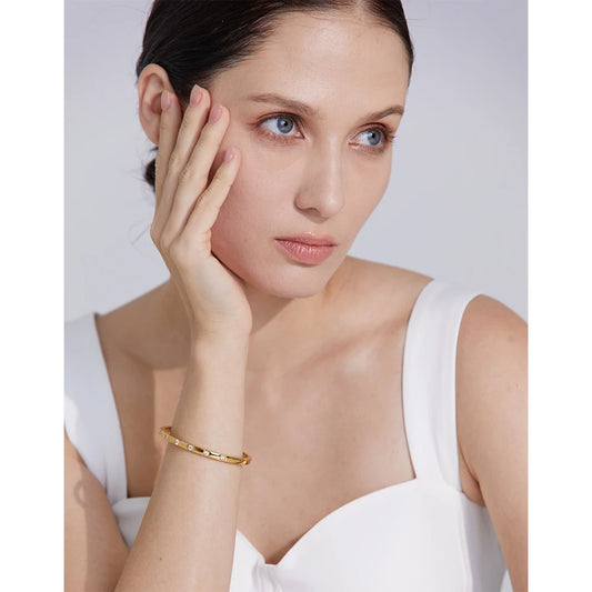 Stylish Cubic Zirconia Stainless Steel Wrist Bangle Bracelet 18K Gold Plated Waterproof Jewelry for Women Charm Fashion