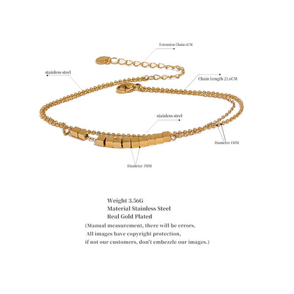 Waterproof Stainless Steel Square Bead Chain Layered Anklet for Women Gold Color Statement Summer Sandy Beach Jewelry