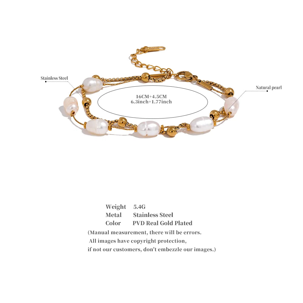 Natural Pearls Double Layer Chain Stainless Steel Charm Bracelet Bangle Women Stylish Summer Jewelry Waterproof