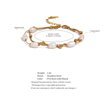 Natural Pearls Double Layer Chain Stainless Steel Charm Bracelet Bangle Women Stylish Summer Jewelry Waterproof