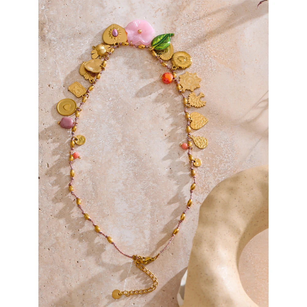 Exclusive Stainless Steel Metal Heart Resin Flower Pendant Drop Charms Necklace 2025 Golden PVD Popular Handmade Jewelry