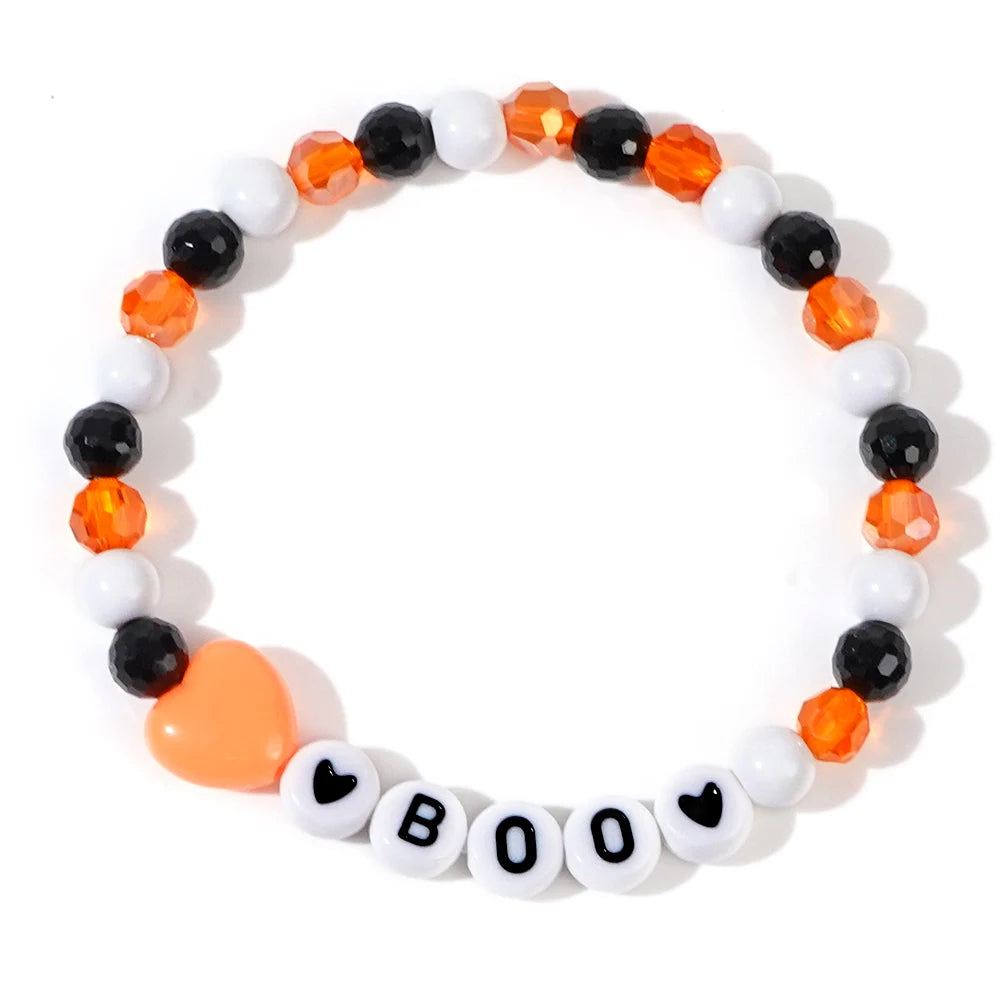 Vibrant Halloween Pumpkin Ghost Handmade Clay Bead Crystal Bracelet - Unique Party Suitable