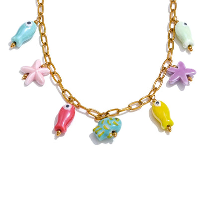 Fashion Stainless Steel Ceramic Starfish Fish Drop Y2K Necklace Bracelet Bangle Tarnish Resistant Popular Cute Jewelry