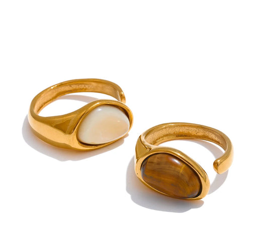 7# Stainless Steel Casting Open Ring Natural Tiger Shell Stone Fritillary Inlaid Trendy Charm Jewelry for Women New