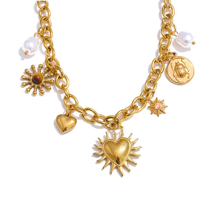 Summer Sun Heart Drop Charms Necklace Trendy Stainless Steel Handmade Collar Golden PVD Jewelry Waterproof for Women