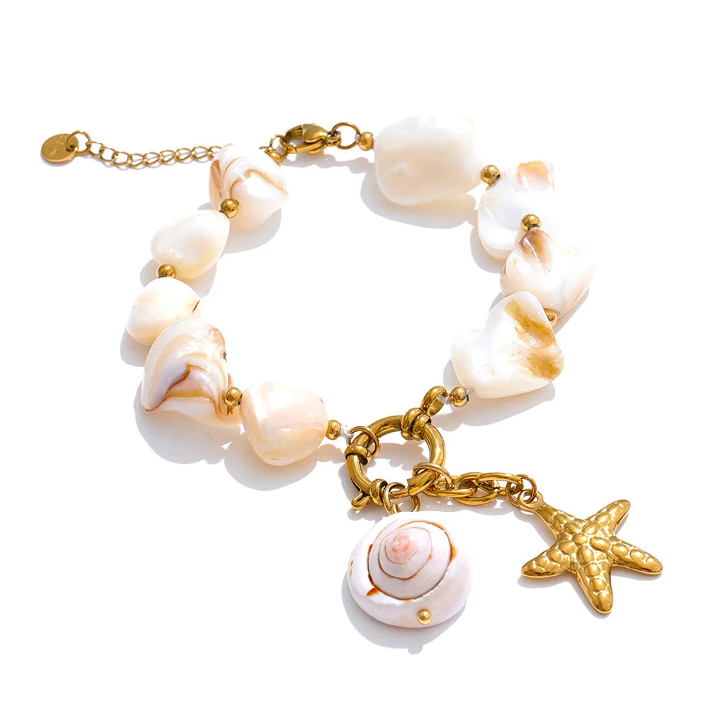 Ocean Style Shell Chain Conch Starfish Drop Necklace Bracelet Bangle Stainless Steel Summer Beach Jewelry Gift