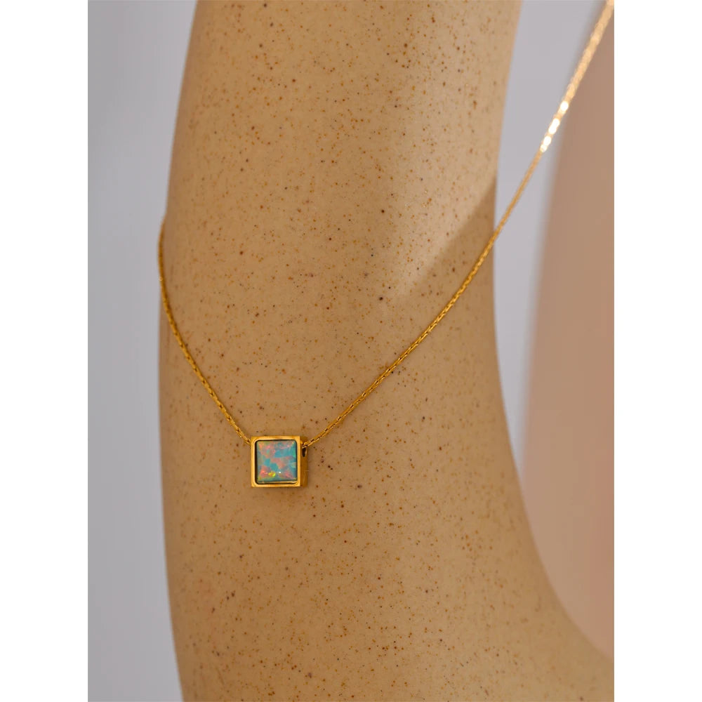 Delicate Stainless Steel Square Natural Opal Stone Pendant Necklace Chain Stylish Dainty Golden Collar Chic Jewelry Gift