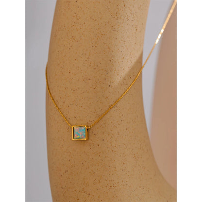 Delicate Stainless Steel Square Natural Opal Stone Pendant Necklace Chain Stylish Dainty Golden Collar Chic Jewelry Gift