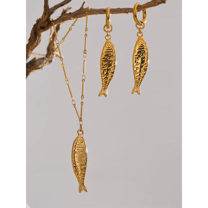 Wholesale Ocean Stainless Steel Metal Fish Pendant Necklace Earrings Rust Proof Golden PVD Plated Trendy Fashion Jewelry