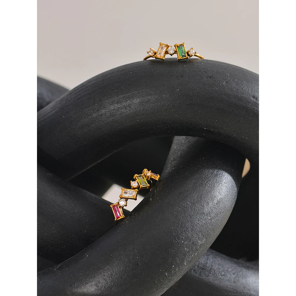 Chic Bling Colorful Cubic Zirconia Thin Fashion Ring Waterproof Stainless Steel Trendy Exquisite Finger CZ Jewelry
